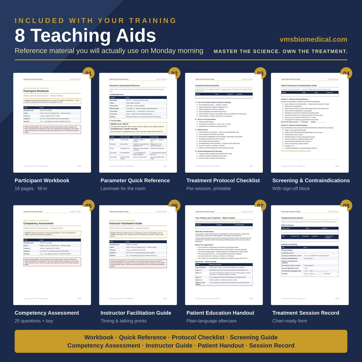 Promotional graphic for an e-learning training module titled '8 Teaching Aids' by vmsbiomedical.com, showing a dark navy background with a grid of eight document covers and titles including Participant Workbook, Parameter Quick Reference, Treatment Protocol Checklist, Screening & Contraindications, Competency Assessment, Instructor Facilitation Guide, Patient Education Handout, and Treatment Session Record.