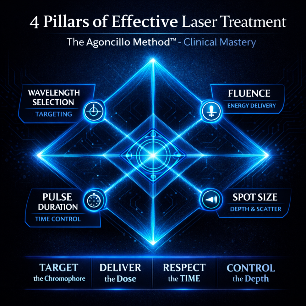 This is the Agoncillo Method, where Physics determines the success and safety of your patients. Target the Chromophore, Deliver the Energy, Respect  the time, and Control the depth.