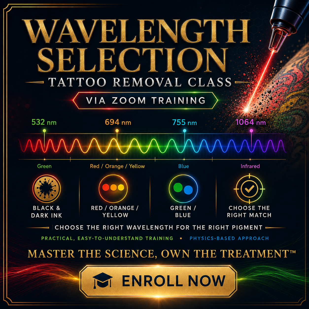 Learn tattoo removal laser training via Zoom. Master nano and picosecond lasers, wavelength selection, pigment targeting, endpoints, and laser safety. VMS (Ventura Medtech Solutions) Online Store for Content and Products