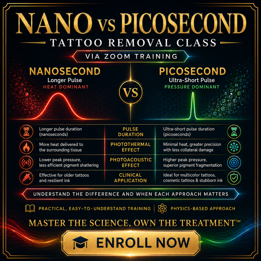 Learn tattoo removal laser training via Zoom. Master nano and picosecond lasers, wavelength selection, pigment targeting, endpoints, and laser safety. VMS (Ventura Medtech Solutions) Online Store for Content and Products