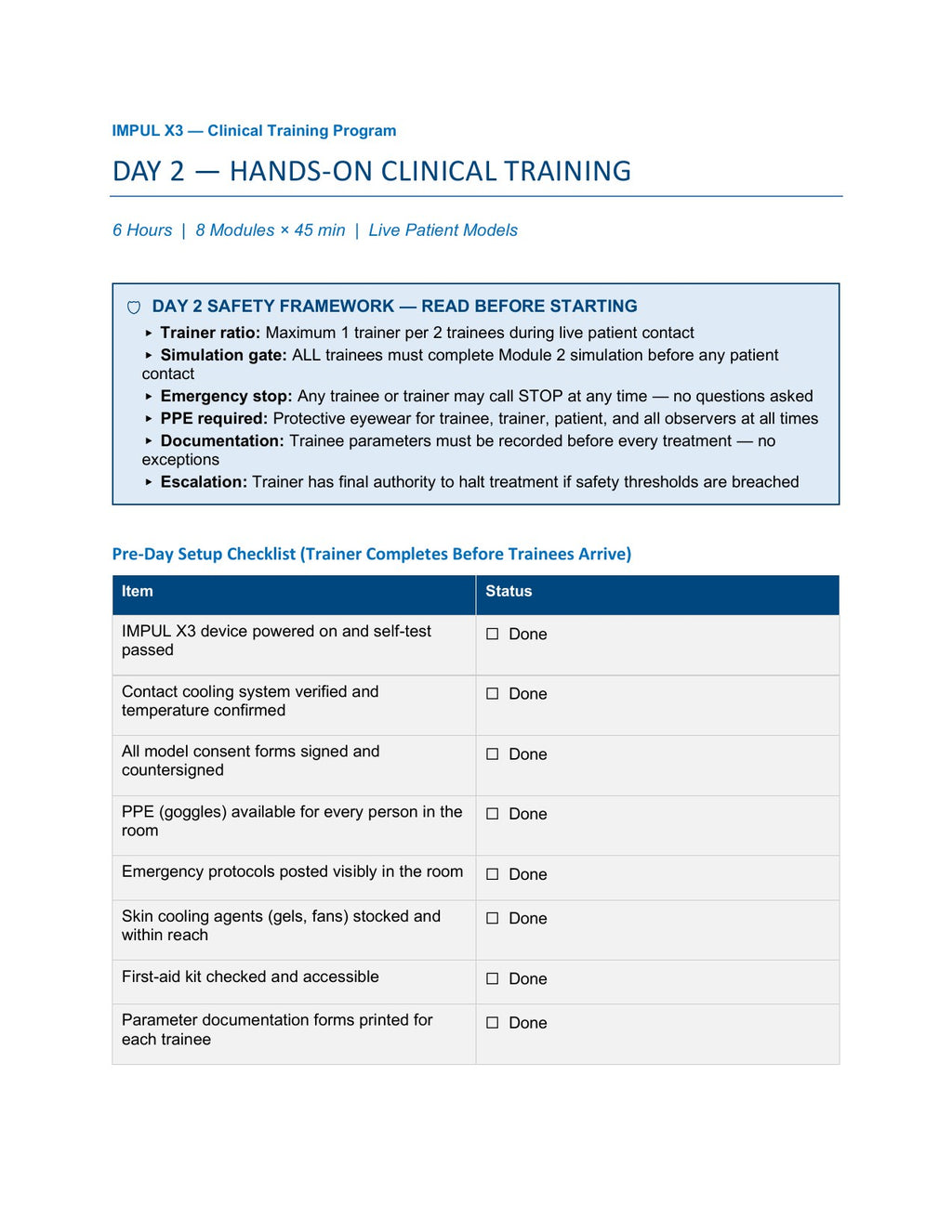 Clinical training program checklist for Day 2 of a clinical training program, including safety framework and pre-day setup checklist.