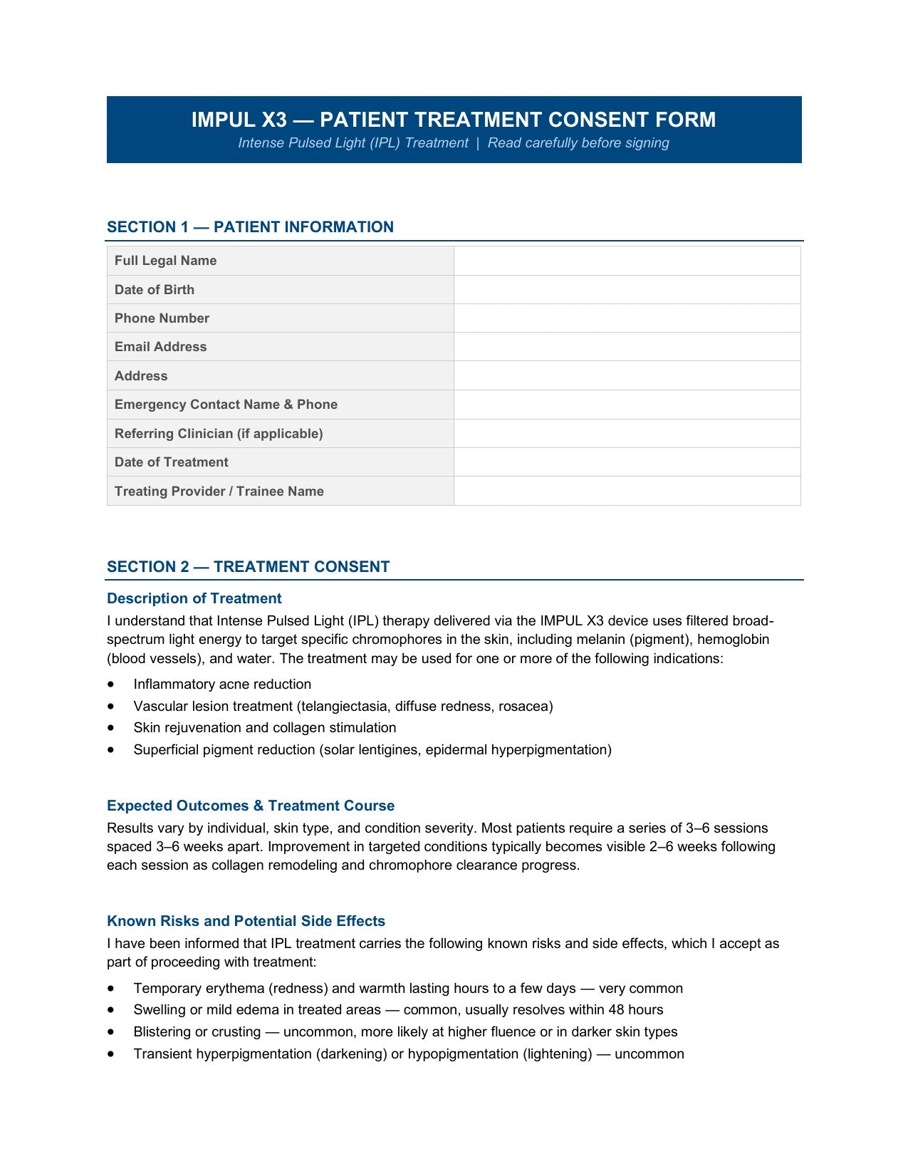Patient treatment consent form for IMPUL X3 procedure on a white background
