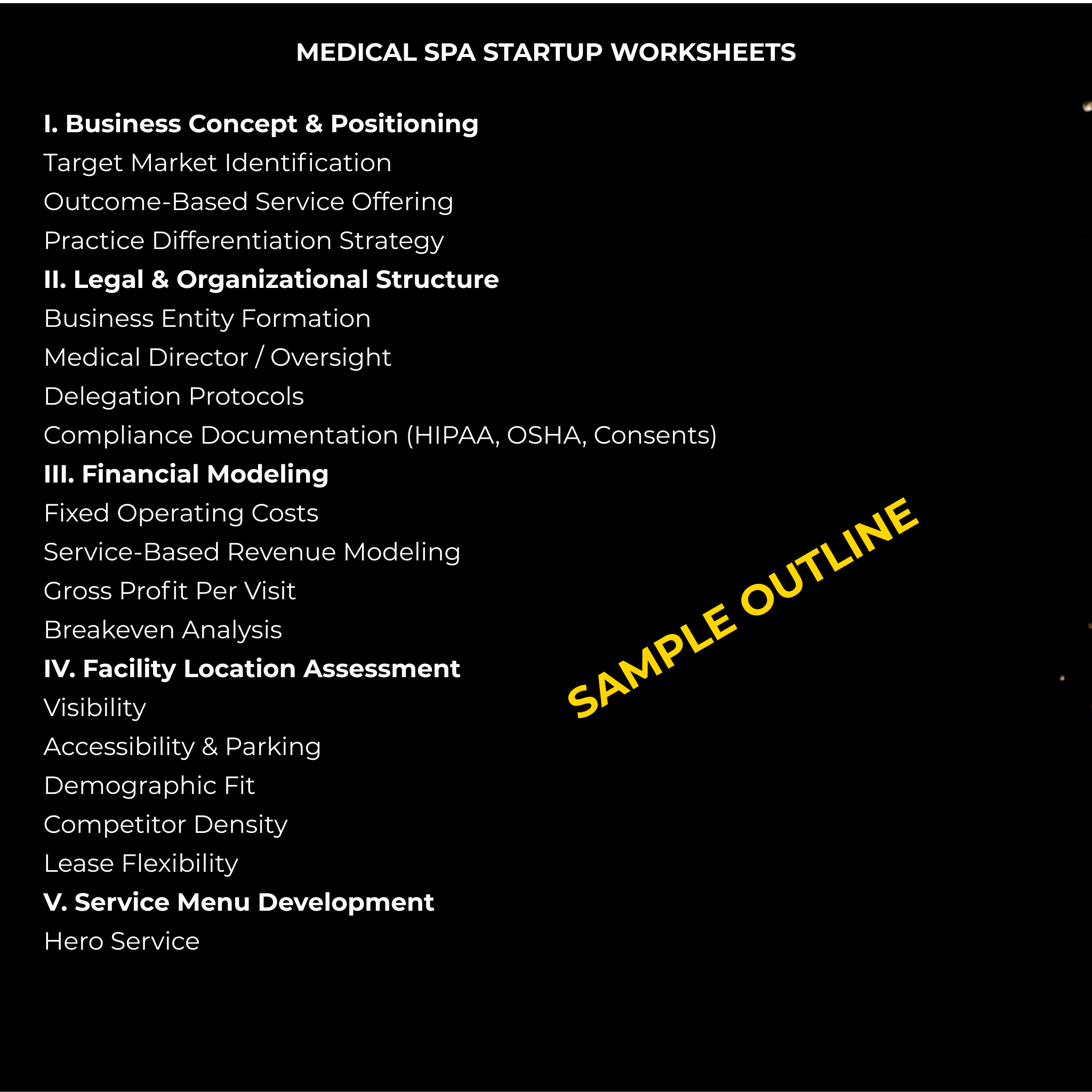 Medical Spa Startup Worksheets VMS (Ventura Medtech Solutions) Online Store for Content and Products